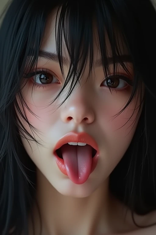 1 girl、Flying debris、、Award-winning photo、Very detailed、Big double eyelids、nose、the focus is on the mouth、close-up focus on face））、Woman with open mouth and closed eyes、18-year-old、Black Hair、