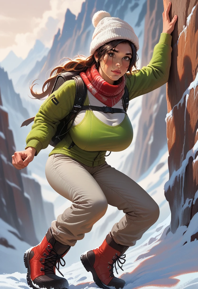 Lara Croft, hyper breast, detailing face, detailing body, straight long hair, brown hair, (detailing face, detailing body, source_realistic, best quality, masterpiece:1.2), very skinny and cute, climbing mountain, ,ultra-detailed, (high detailed skin:1.2), 8k uhd, dslr, soft lighting, high quality, winter, snow, winter closed, red winter jacket, warm gray pants, boots, winter hat, hiking backpack on the back, scarf, dynamic pose, epic