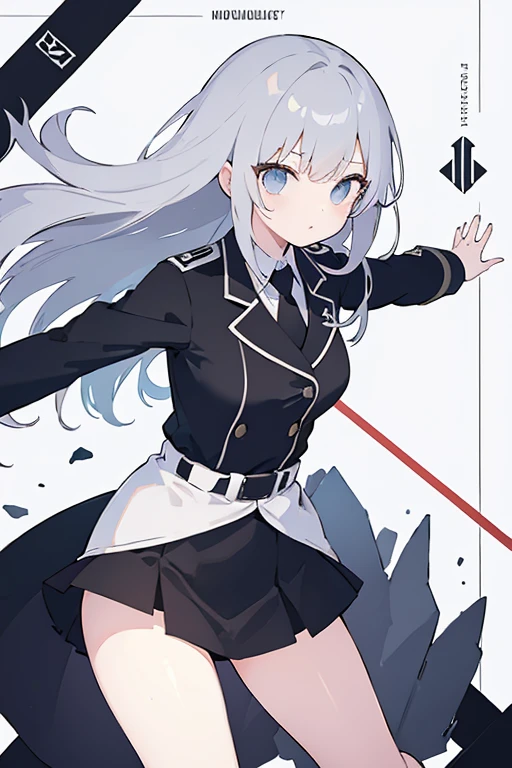 ((masterpiece, Best Quality)),girl、Gray Hair、Black military uniform、mini skirt、Absolute territory、Dynamic pose、cover