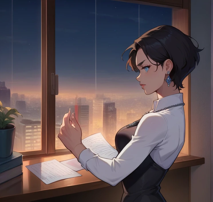 score_9, score_8_up,score_7_up, source_anime, 1girl, solo,Anissa, blue eyes, black hair,, necklace, ear piercing,black v neck dress,pantyhoes,heels,office, at a dark room, at night , city view from the window,