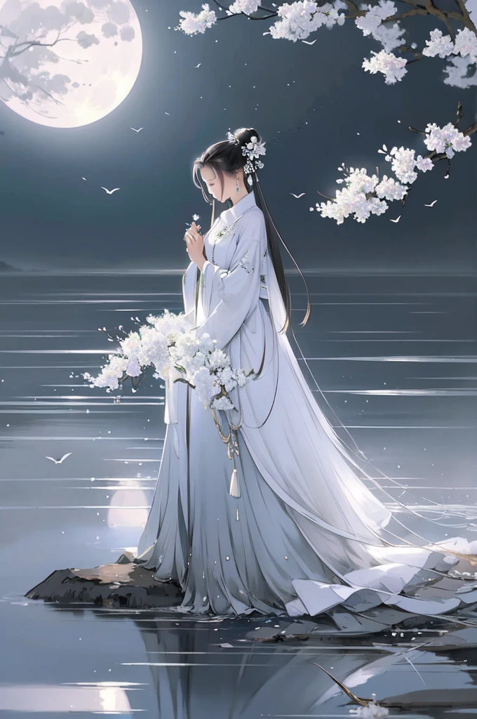 -Hanama wine, 1girl, moon, long hair, solo, black hair, dress, branch, hair bun, flower, reflection, chinese clothes, hair ornament, jewelry, bird, earrings, full moon, water, white dress, holding flower, holding, long sleeves, closed eyes, single hair bun, ripples, sky, looking down, full body,anime,