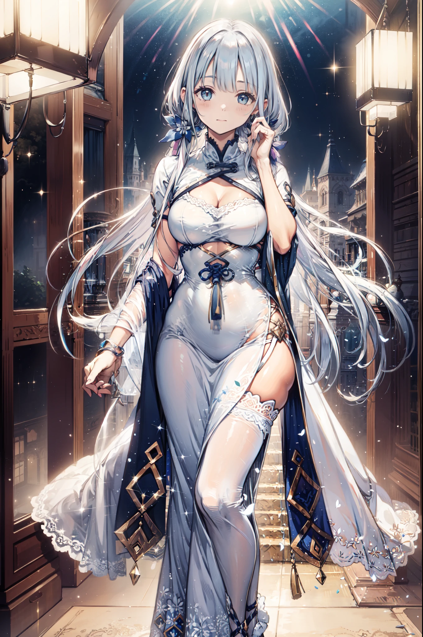 (best quality,4K,8K,high resolution,masterpiece:1.2),Extremely detailed,milf,,magic,enchanting,joy,Divine goddess,magical effect,Silver hair,Blue eyes,Transparent dress,Exquisite decoration,Features of the magical costumes of the heavens，A small amount of sky blue cloth,Exquisite clothing,Layered Skirt,detailed lace,Delicate ruffles,bedroom,Alone,at night,Lace pantyhose,Sacred stripes,Transparent clothing,Jewelry embellishments