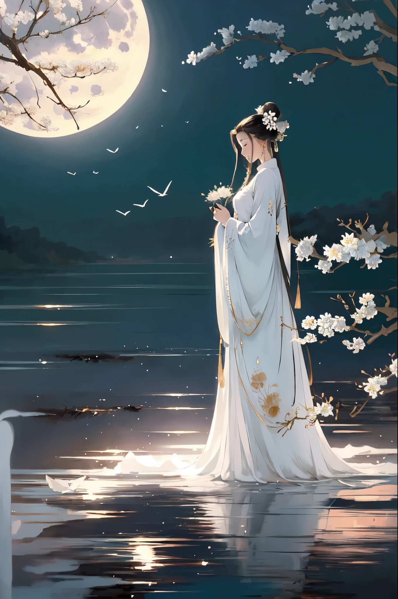 -Hanama wine, 1girl, moon, long hair, solo, black hair, dress, branch, hair bun, flower, reflection, chinese clothes, hair ornament, jewelry, bird, earrings, full moon, water, white dress, holding flower, holding, long sleeves, closed eyes, single hair bun, ripples, sky, looking down, full body,anime,