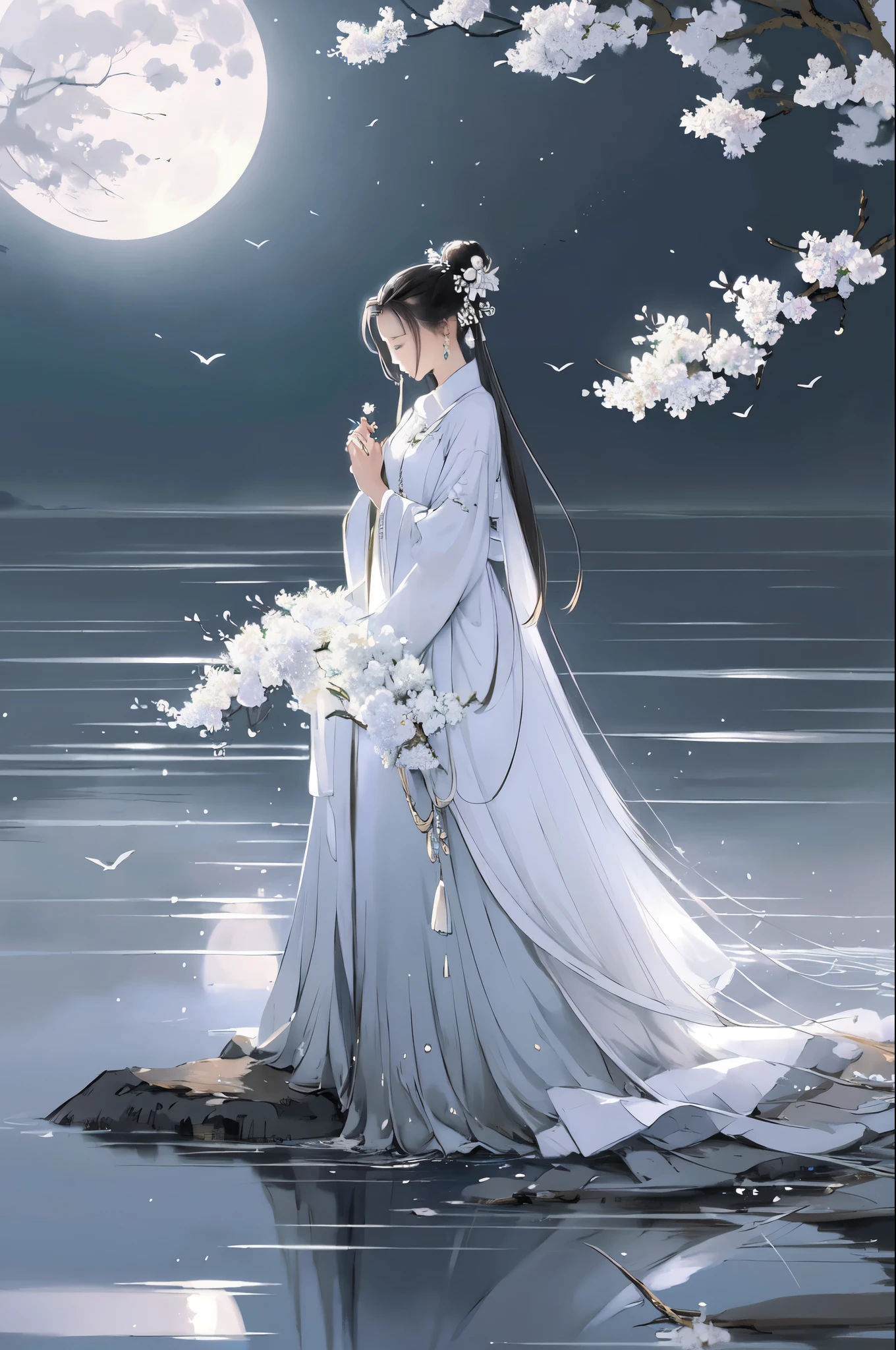 -Hanama wine, 1girl, moon, long hair, solo, black hair, dress, branch, hair bun, flower, reflection, chinese clothes, hair ornament, jewelry, bird, earrings, full moon, water, white dress, holding flower, holding, long sleeves, closed eyes, single hair bun, ripples, sky, looking down, full body,anime,