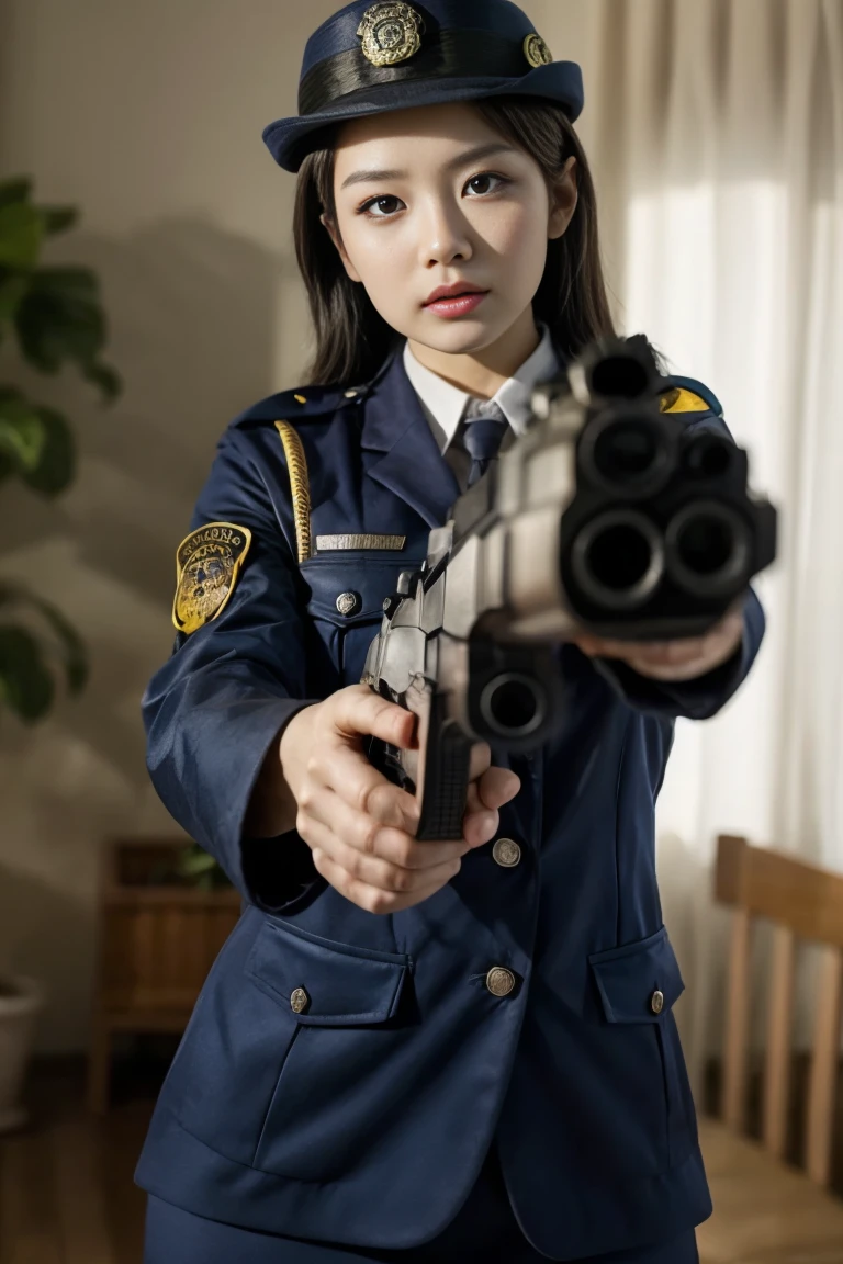 Beautiful policewoman holding a gun、Accurate and precise gun shape