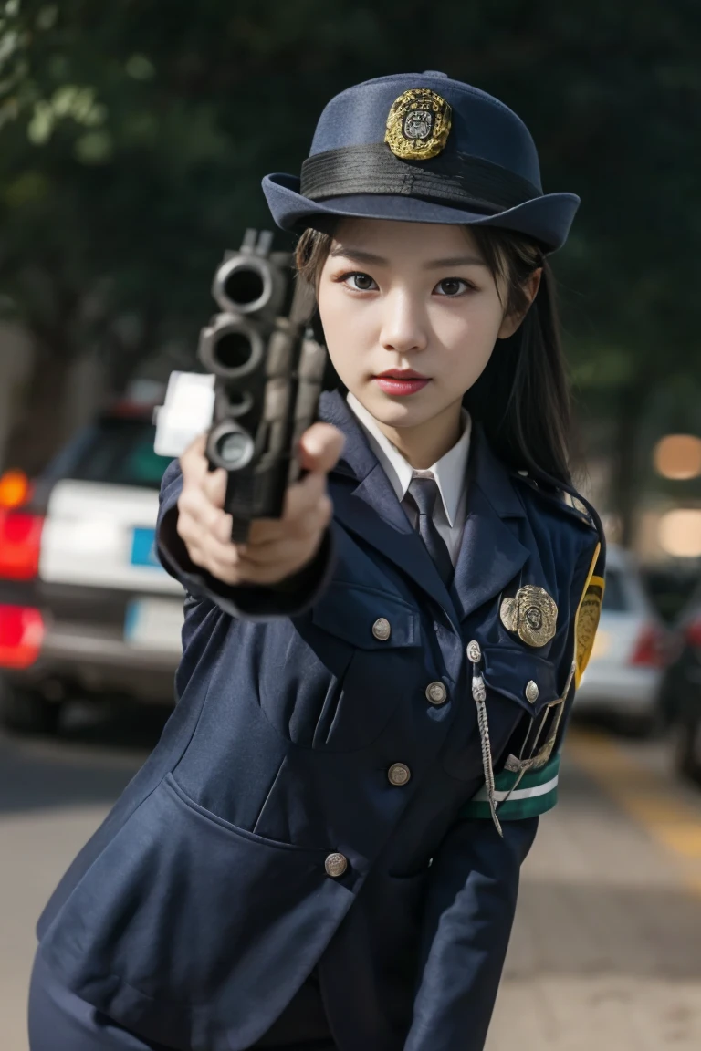 Beautiful policewoman holding a gun、Accurate and precise gun shape