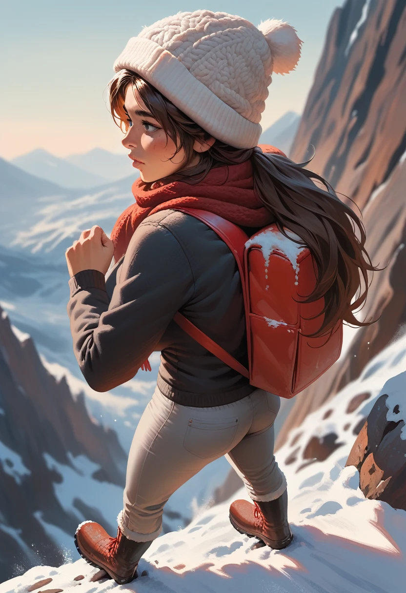 Lara Croft, hyper breast, detailing face, detailing body, straight long hair, brown hair, (detailing face, detailing body, source_realistic, best quality, masterpiece:1.2), very skinny and cute, climbing mountain, ,ultra-detailed, (high detailed skin:1.2), 8k uhd, dslr, soft lighting, high quality, winter, snow, winter closed, red winter jacket, warm gray pants, boots, winter hat, hiking backpack on the back, scarf, dynamic pose, epic, back view, from above, movement, mountaineer's equipment