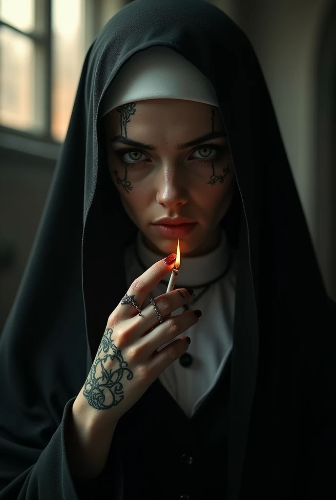 Black haired red eyes tattooed nun sticking out finger