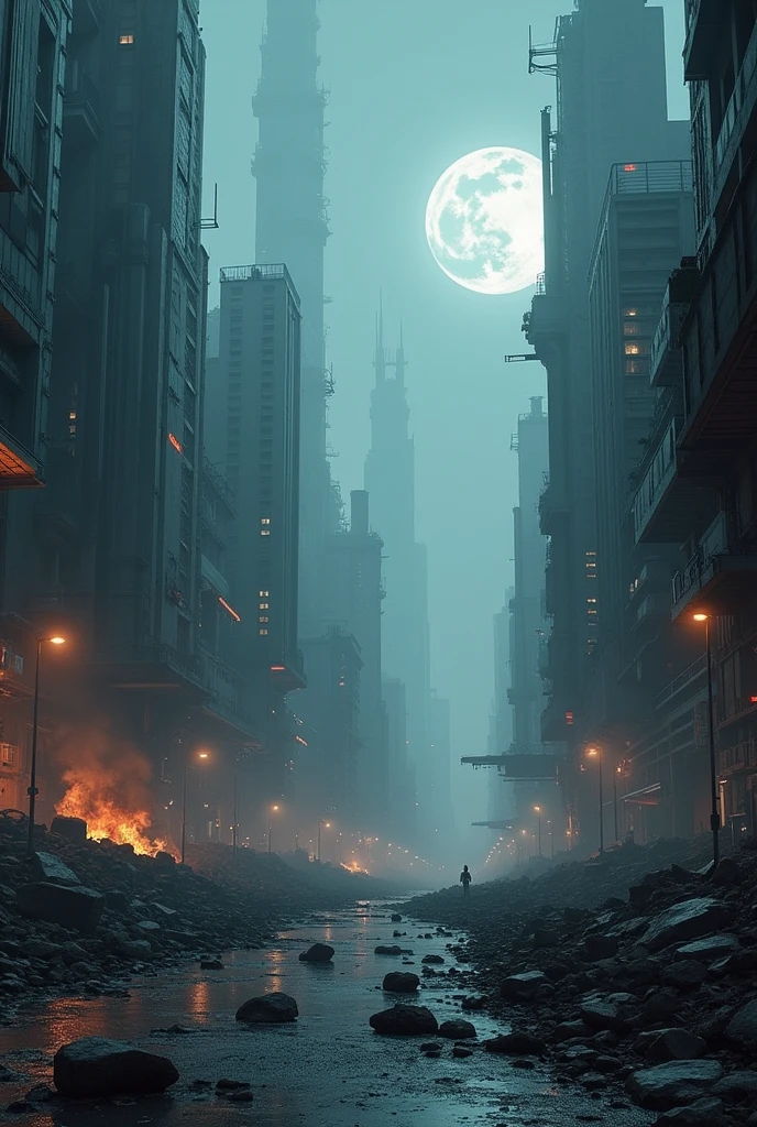 a dirty and somewhat dilapidated cement square, in the background a futuristic city with a lot of fog that is almost not seen, the light of the street lamps (futuirstas) illuminate the ground on a very rainy night, there are light cables on the walls of the buildings, depressing and dark environment, cloudy sky, very dim and small moon