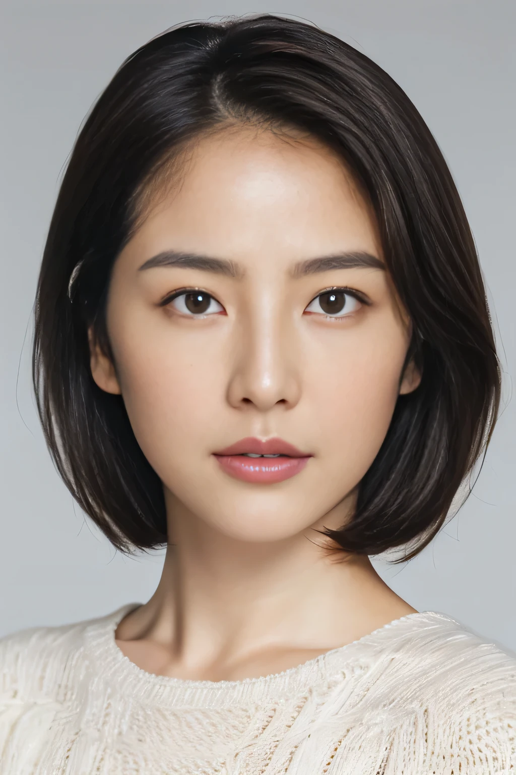 (Representative works: 1.3), (8k, Realistic, RAW Photos, Best image quality: 1.4), (30 year old mature woman),Small face, Beautiful Face, (Realistic Face),No makeup、Natural Makeup、light makeup、 (Dark brown, short hair: 1.3), Beautiful hairstyle, Realistic eyes, Beautiful attention to detail, (Photorealistic Skin), Beautiful Skin, (sweater),Small box、Bust B cup、 Confused, charm, 超High resolution, Ultra-realistic, High resolution, Golden Ratio, Gray background、