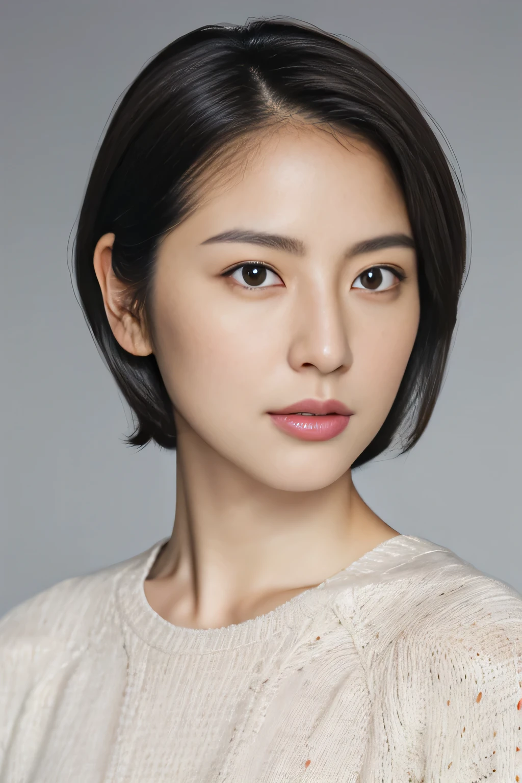 (Representative works: 1.3), (8k, Realistic, RAW Photos, Best image quality: 1.4), (30 year old mature woman),Small face, Beautiful Face, (Realistic Face),No makeup、Natural Makeup、light makeup、 (Dark brown, short hair: 1.3), Beautiful hairstyle, Realistic eyes, Beautiful attention to detail, (Photorealistic Skin), Beautiful Skin, (sweater),Small box、Bust B cup、 Confused, charm, 超High resolution, Ultra-realistic, High resolution, Golden Ratio, Gray background、