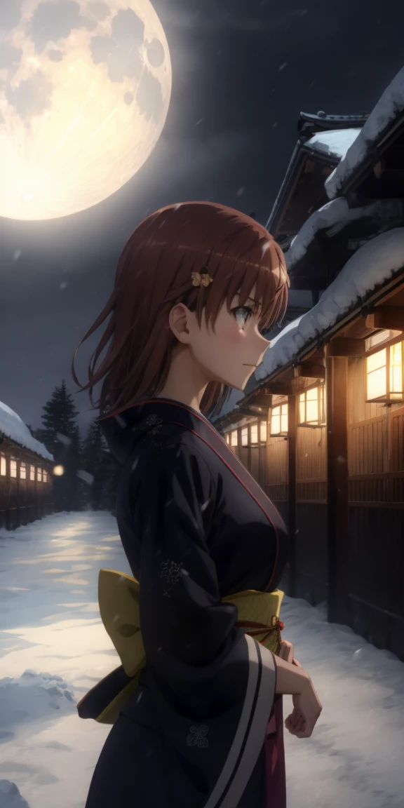 Misaka Mikoto anime, 1 girl, , kamimetsu, blush, Kyoto, snowfall, moon, kimono