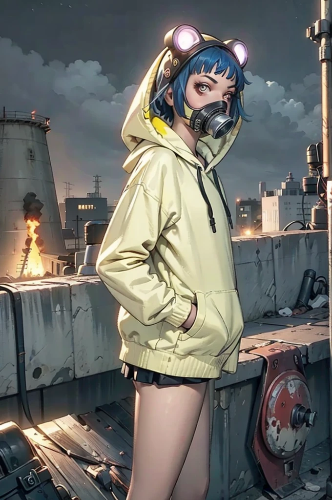 Raw photo, riot, Nuclear power plant in the background, fluorescent headgear, short hair, blue hair, junior high school girl, 1, wearing a hoodie, Open hoodie shows her little lovely , gas mask, high socks, rooftop at night, neon lights in the dark, The city in the background is on fire, 16k, realistic, real photos, Nikon D800
