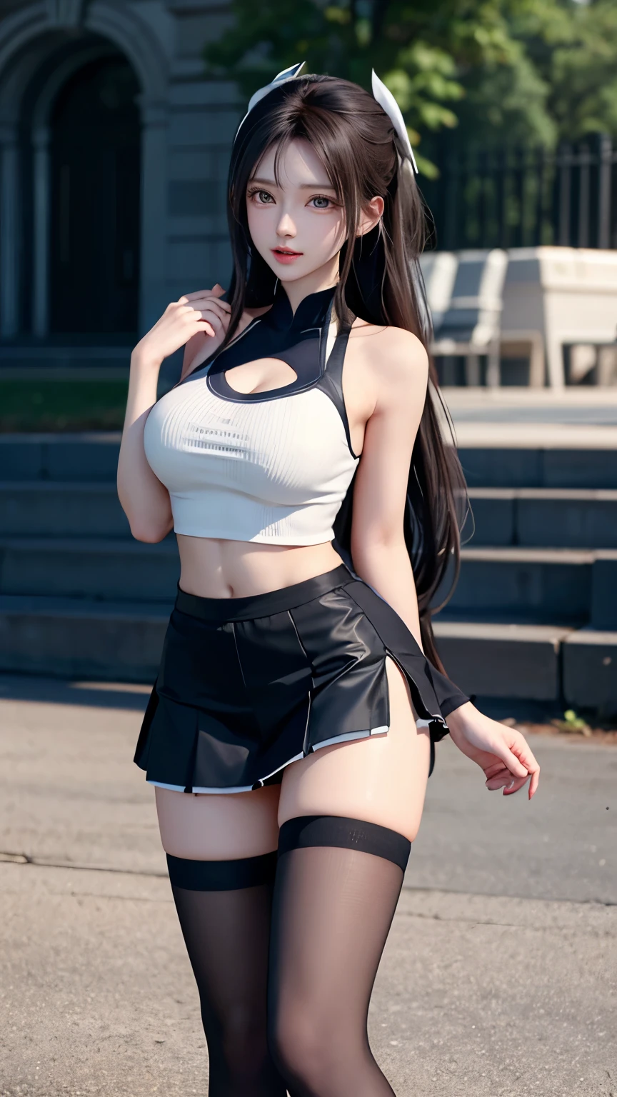 (dynamic angle:1.3, front view:1.1, breast focus:1.3, from below:1.2), (dynamic posing:1.2, sexy posing:1.2), (seductive smiling:1.3), highest quality、(real、photorealistic:1.4),(ultra high resolution, 8K RAW photo, clear focus), best qualtiy, natural lighting, field depth, (Bright pupils, detailed beautiful blue eyes, high detailed face), (tight focus:1.2), a girl 28yo old, Thicc, thin breast, long hair, blue eyes,garter stocking, cleavage:1.2, midriff, black shorts, black thighhighs, thigh strap, pretty girl, (highly detailed beautiful face and eyes,firm breasts),real skin,((black,hair,long pony tail hair)),thin pubic hair,cute,lovely, detailed eyes,(double breasted:1.0,under bust:1.0),(with sparkling eyes and a contagious smile),soft open mouth, Looking at Viewer,