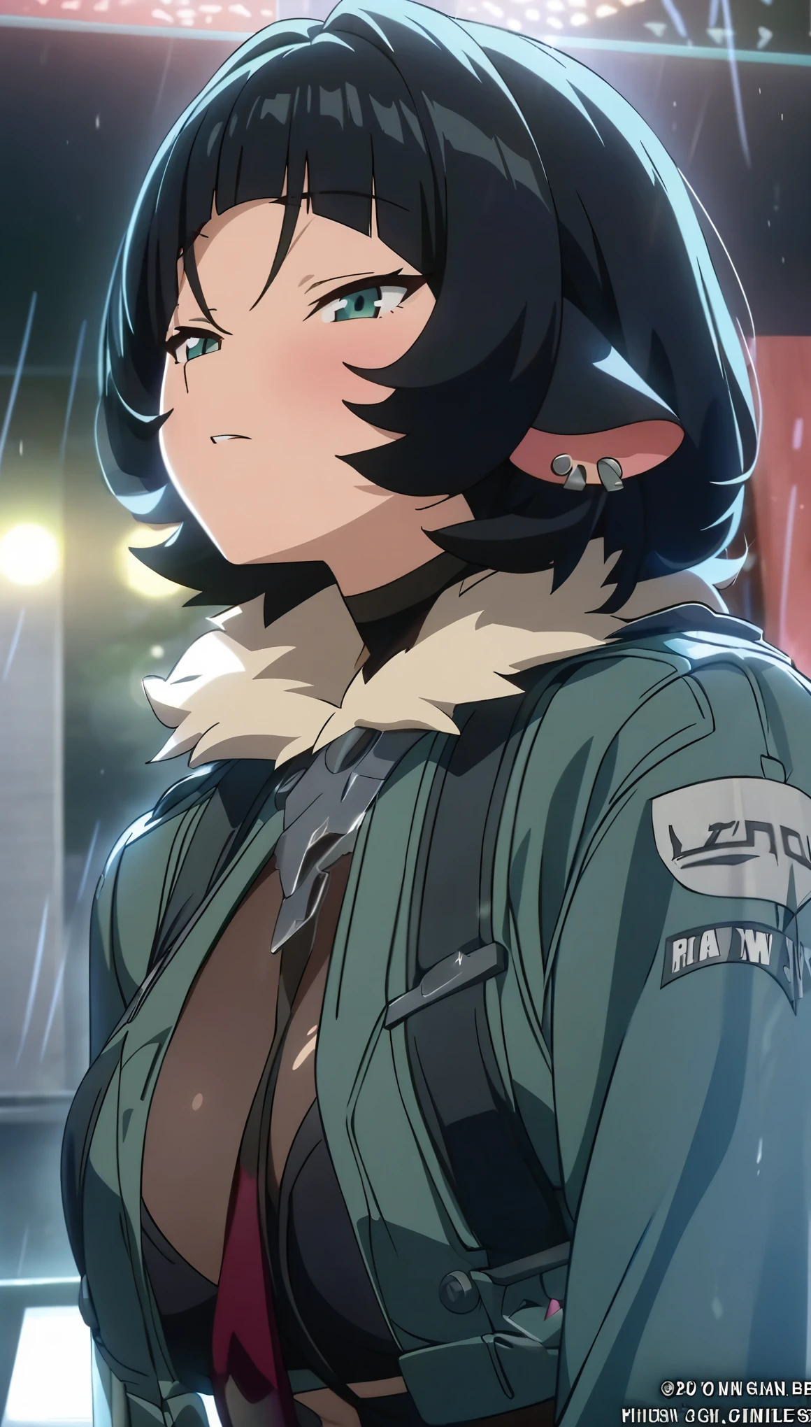 masterpiece,high resolution,Anime Art,Anime Numbers, 4k anime wallpaper,Radiant Skin,Soft Light,Looking at the camera,Solitary,An anime girl,Zero Zone Jane Du,blush,charming,Black hair,Black lop ears,Open neckline,chest,Green eyes,Facing the audience,Close-up of face,Dark sky,rain,Four screens