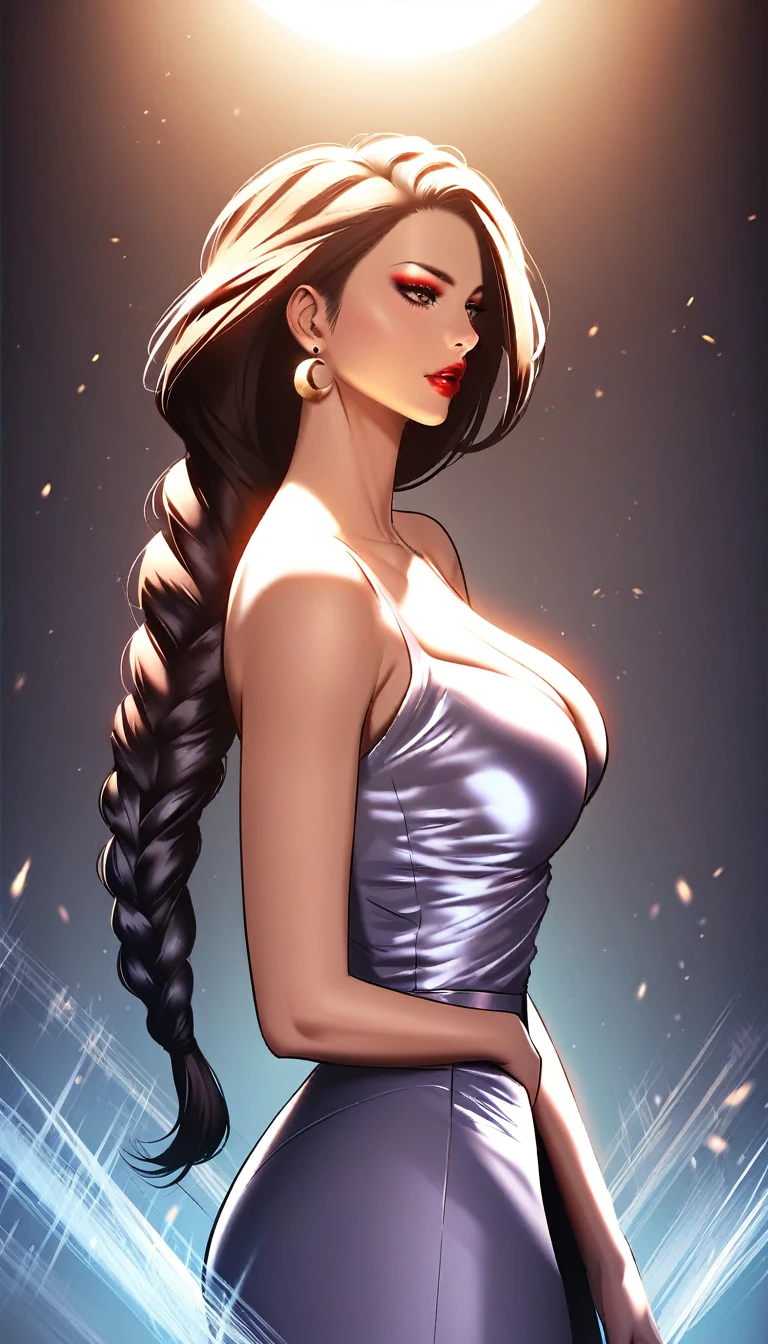 a beautiful woman with long braided hair, detailed facial features, red lipstick, crescent earrings, wearing a business suit with a low-cut neckline revealing large breasts, breasts bouncing up and down,  8K, masterpiece, high quality, cinematic lighting, dynamic motion blur, dramatic lighting,  elegant, fashion, glamour, makeup 