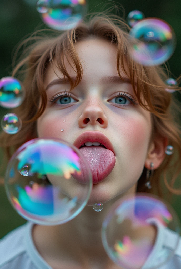 one , , light brunette, long hair, black, wavy , with bubble gum in her mouth