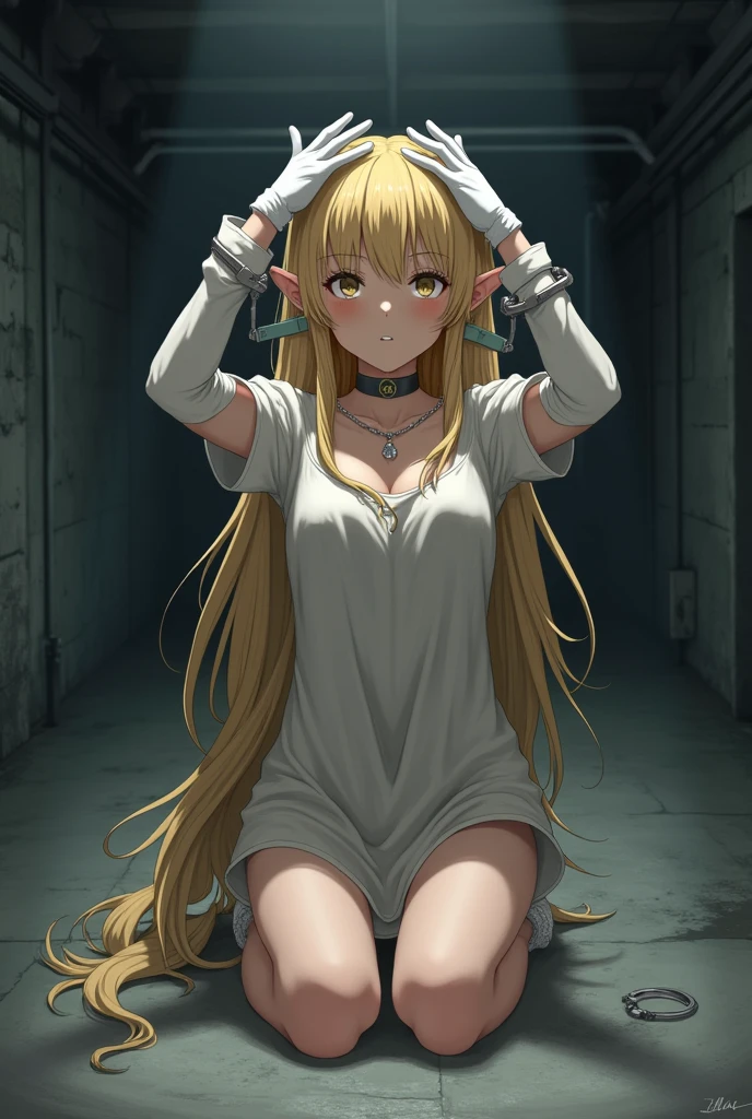 score_9, score_8_up, score_7_up, source_anime, nsfw, 
(solo, girl:1.2), 
sitting, arms up, hands out of frame, hand cuffs with chain, 
simple black background, stone wall, on stone floor,  
BREAK,
(**ddler:1.2), 
medium breasts, 
yellow hair, long hair, 
blue eyes, 
white nun, 
vexation, clenched teeth, furrowed brow, pain, 
knee shot, looking at viewer, 