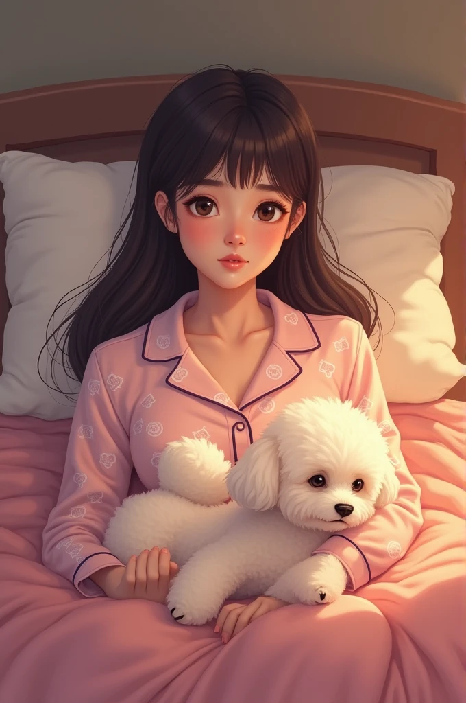 A sleeping Asian woman, 25 years old, realistic, she wears pink shorts, white t-shirt, white hair. High detail, high resolution. Sleep with a puppy, white skin, hold a puppy, hold a puppy, beautiful and charming,