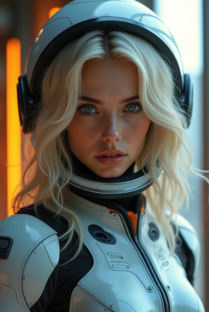 ultra-detailed digital image of a girl with shoulder-length blonde wavy hair and brown glowing eyes in elegant white and black cyborg armor with mechanical parts and a futuristic helmet with a large holographic visor, sci-fi armor, super-detailed armor, carbon textures, Liam Wong, ghost in armor, deus ex, full body shot, pose in motion, ultra-precise focus, award-winning photography, perfect contrast, high sharpness, depth of field, ultra-detailed photography, global lighting, smooth shooting, ultra-high definition, 8k, without