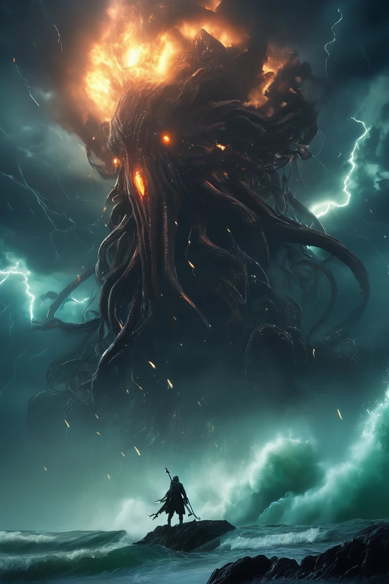 bosstyle, an extremely exaggerated composition. Seen from below, a girl with long white hair wearing a huge mecha holds a long sword with a mechanical structure, facing a huge Cthulhu-style alien life in a Death Stranding style. , many tentacles stretched out from the creature, on the dark beach, volumetric fog behind the creature, strong contrast, Dutch hook, dramatic lighting, lightning overflowing from the clouds and fog, movie style, mysterious and unknown, add a little oil painting, thick atmosphere , Unreal Engine style, Gothic tones, Cthulhu, sinister darkness, deadly, deep black, nightmarish masterpiece, many burning meteorites of different sizes falling from the sky, huge unknown creatures emerging from the sea