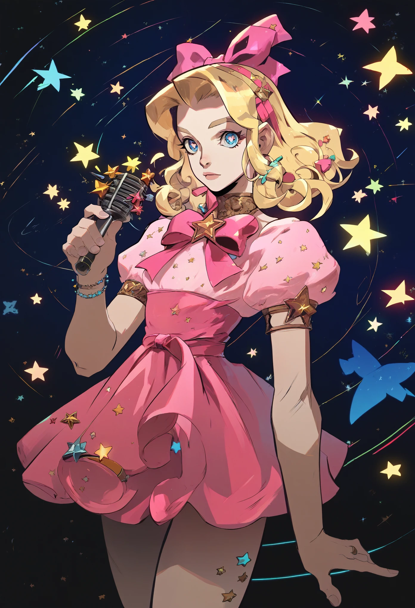 score_9, score_8_up, score_7_up, Cel-shaded art, hds style, 1girl, blonde hair, blue eyes, star shaped white pupils, pop star aesthetic, pink dress and skirt, embellished with tons of decorations and ribbons, holding a mic, stars swirling around her, warm shadows,
