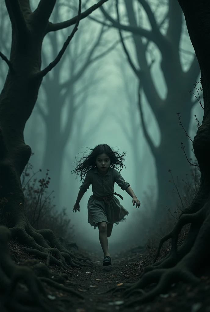 (Mysterious Fog), a beautiful young girl running through a mysterious, misty forest, long hair flowing behind her, something is chasing the girl, (a beautiful and cute face even in the midst of fear and panic), detailed facial features, cute apron dress, moss-covered trees, (shafts of light piercing through the fog), (best quality,4k,8k,highres,masterpiece:1.2),ultra-detailed,(realistic,photorealistic,photo-realistic:1.37),fantasy,cinematic lighting,moody atmosphere,dramatic lighting,dark colors,muted palette