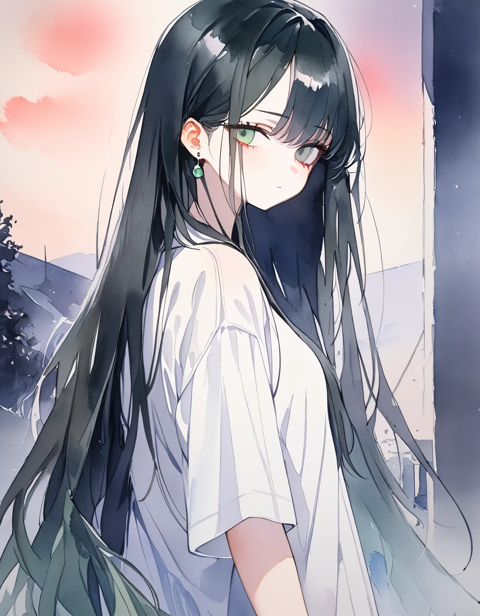 1 girl, [(black hair:1.2):(emerald hair:1.2):0.5],long hair,mesh hair, deep green eyes, empty eye,albino,straight hair,Straight face,from side, looking viewer,cowboy shot,white shirts oversized,earrings,midnight,Twilight,black Tone, watercolor,, masterpiece,best quality,ultra detail,