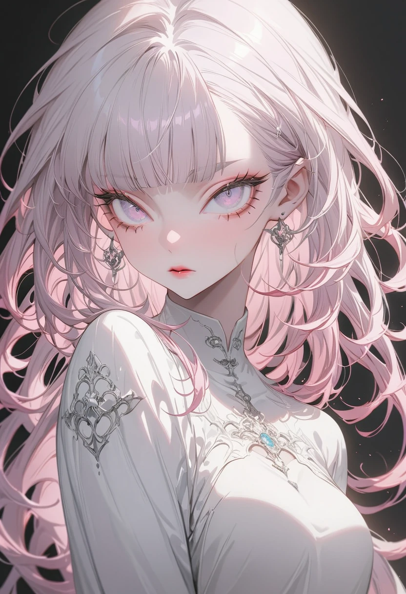 The background is a pure white tower(Best Quality,Very detailed,High resolution:1.2),Sexy twin albino beauties，Heavy bangs，Long eyelashes，Cool look，Black and pink hair