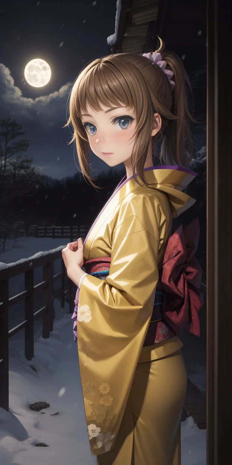 anime, 1 girl, , kamimetsu, blush, Kyoto, snowfall, moon, kimono 