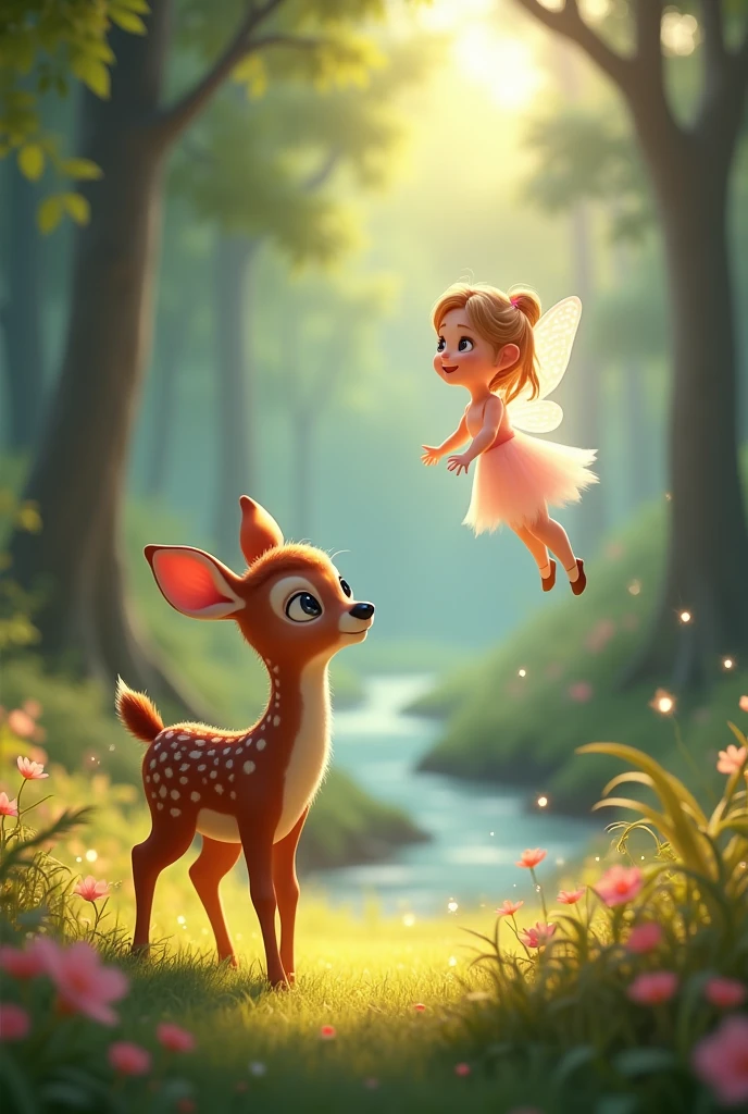 A beautiful child sits next to a gazelle. 