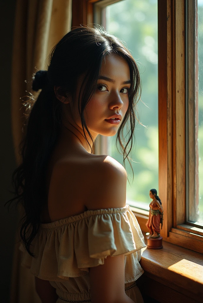 Surrealist photo waist up portrait of a 22 year old brunette Asian Indian girl wearing hot dessus, very high detail, intricate skin details, Intricate, beautidful eyes, D-cups, , Sexy, stairways, Room, Car, , Professional lighting, High definition, 8K, Studio light, Dynamic pose, twisted, camera from below, Pentax camera ultra-wide angle, sport, Lifelike, looking at the camera in, Bokeh, Braid