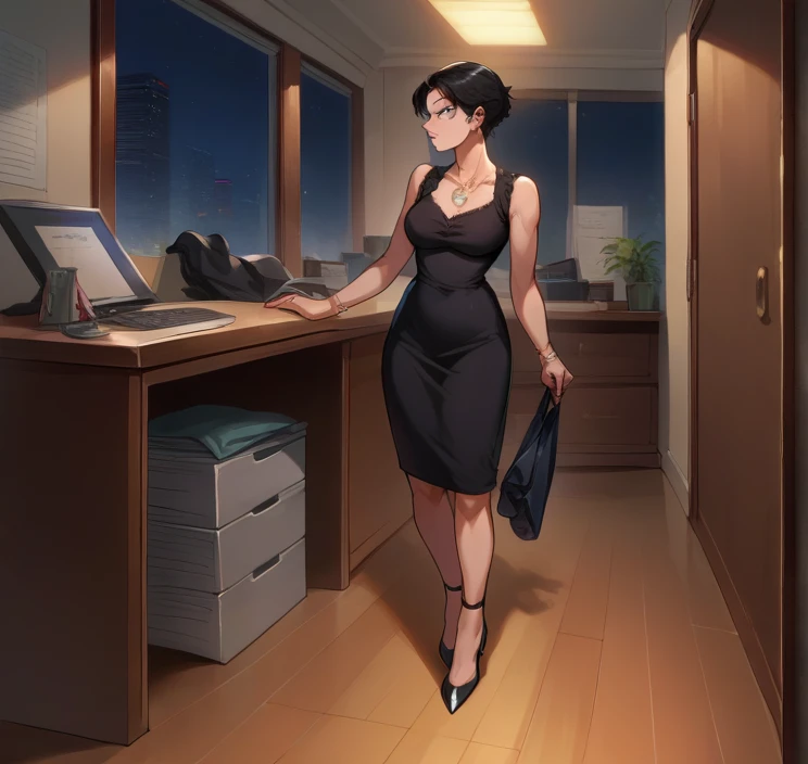 score_9, score_8_up,score_7_up, source_anime, 1girl, solo,Anissa, blue eyes, black hair,, necklace, ear piercing,black v neck dress,pantyhoes,heels,office, at a dark room, at night ,standing ,looking forward