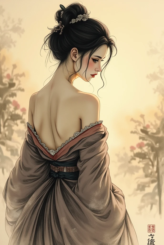 1girl,emma \(sekiro\),large breasts,shiny skin,black hair,solo,looking back,from behind,monochrome,parted lips,mature female,watercolor \(medium\),japanese clothes,kimono,back