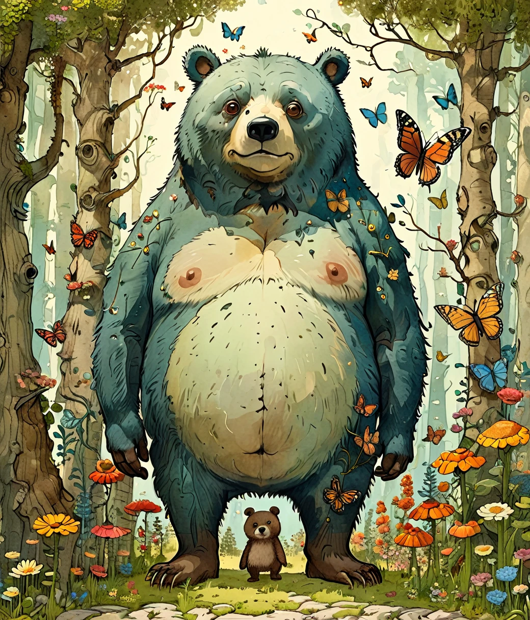 style of Mattias Adolfsson, (cute, fat, obese, anthro, male, bear), solo, full body, dynamic pose, enchanted forest, magical flowers, butterfly, hires textures, highly detailed, intricate details, best quality, masterpiece, detailxl