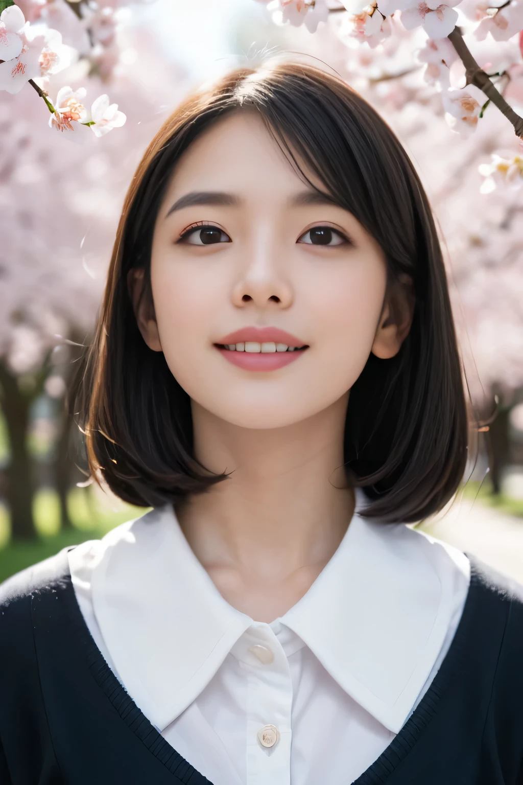 20-year-old（young）、black hair bob、natural and light makeup、Spring-like、smile、Japanese、natural finish、under the cherry tree、portrait image、cute、Spring-like clothes、eating lunch、
