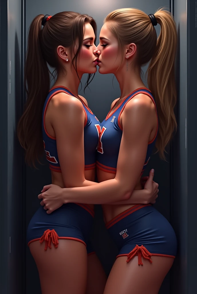 Create image of two girls who wrest naked: the most beautiful red haired girl big breasts 8.0 hairstyle dark fuschia long braided hair with blue highlights. Dual braids cascading down the shoulders, big breasts and the most beautiful silver blond girl, fuschia long braided hair, big breasts 8.0, wrestling naked