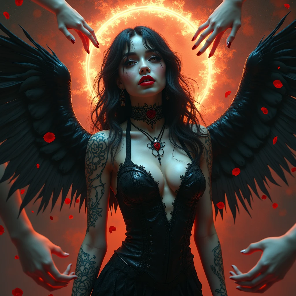 a woman with angel wings, black and slit eyes, your eyes are evil, and she holds a chalice where the blood-colored liquid reflects the words: pride.. she drinks the liquid that overflows over her face and body 