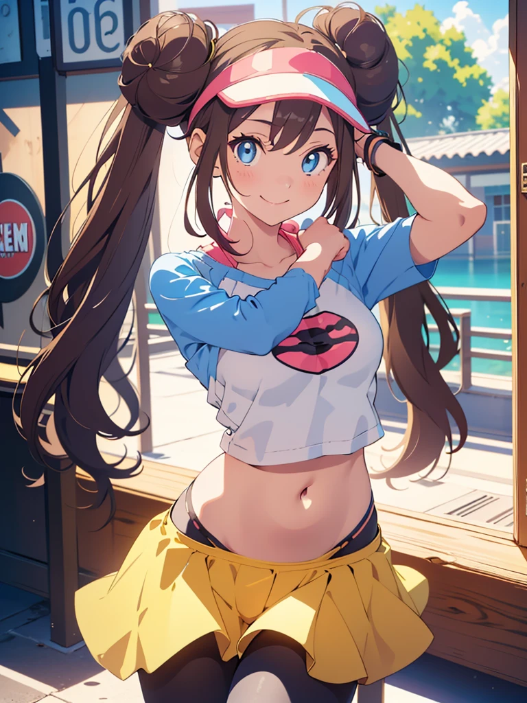 B1, Hair Bun, smile, Close one eye:1.8, Put your arms behind your head:1.4, belly button, Long Hair:1.4, Visor Cap, pantyhose, Raglan sleeves, Yellow shorts, shirt, Pink ribbon blue eyes, Twin tails, Cowboy Shot, One Girl, Alone, (masterpiece:1.6, Best Quality), 8k, Insane Details, Intricate details, Very detailedな, super high quality, high detail, Very detailed, professional, High resolution, Ray-Traced Reflections, Cinema Lighting,　Bra　perfect anatomy