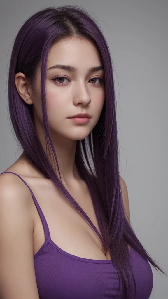 a girl. european. profile portrait. expressionless face extremely detailed. oval face. delicate features. half-closed eyes. purple eyes. long and thick hairstyle. very thick hair. purple hair. tank top. big breasts. collarbone