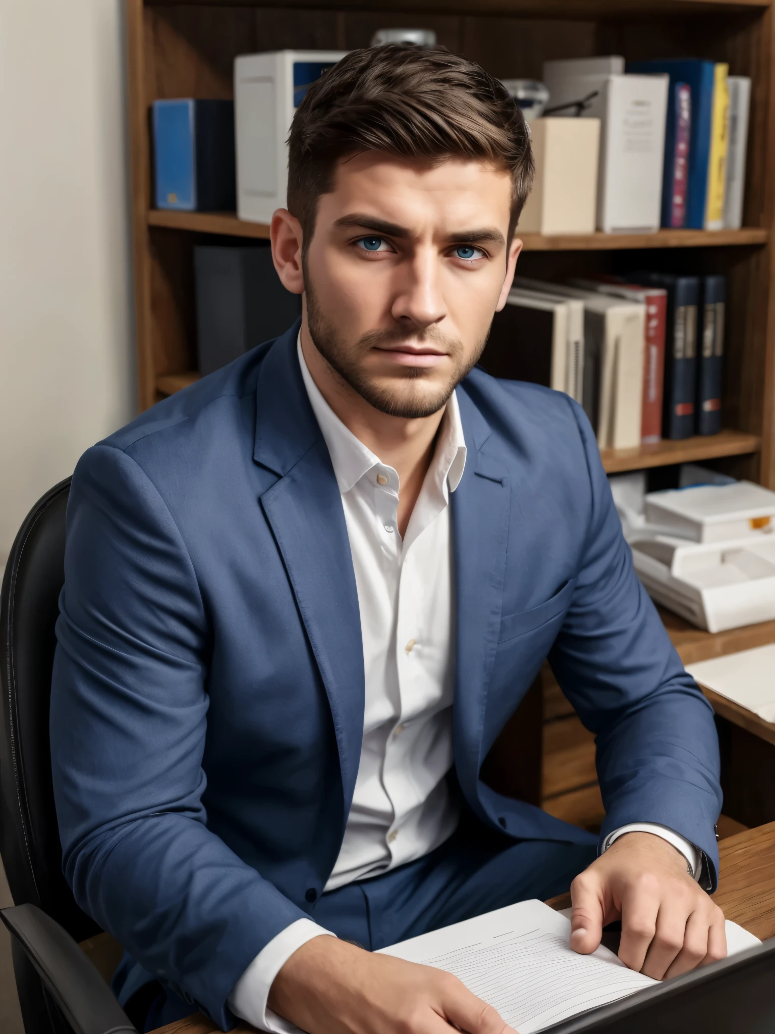 Arafed man in a blue suit sitting at a desk with a laptop - SeaArt AI