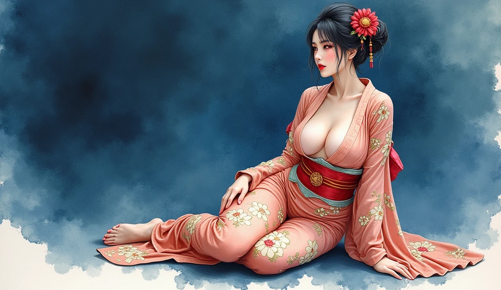 Watercolor painting in Japanese style, beautiful japanese woman with big breasts in revealing kimono, indigo, sits on the ground