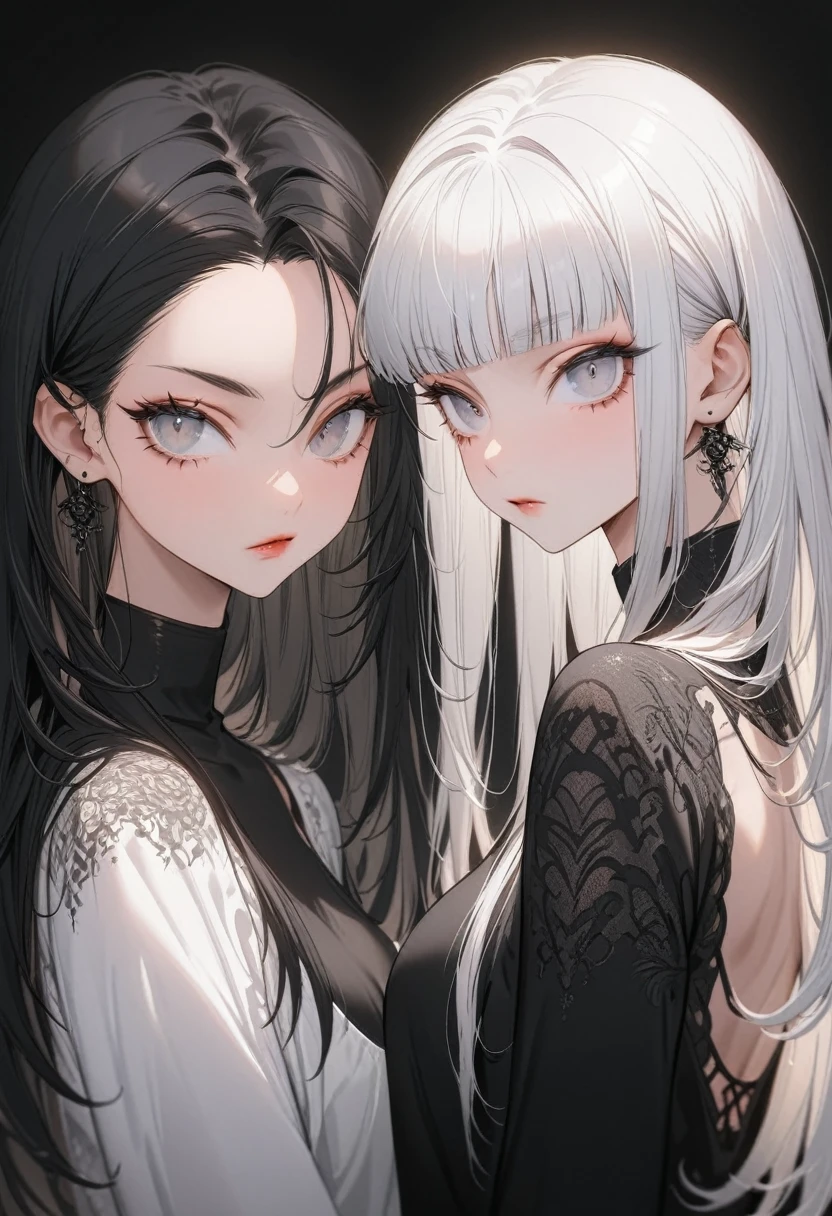 (Best Quality,Very detailed,High resolution:1.2),Sexy twin albino beauties，Heavy bangs，Long eyelashes，Cool look，The sister on the left has black hair.，The sister on the right has white hair，