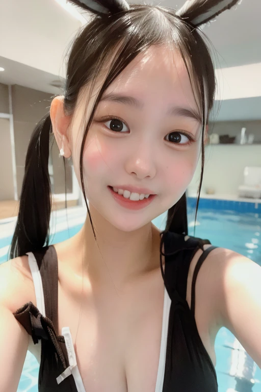 triangle-bikini,(open mouth:1.5),(tongue out:2),standing,hand on own chin,finger to own mouth,eye level shot,front view,cowboy shot,(1girl,Beautiful 14 year old girl,teenager),((Slender,Small breasts,Small face,)),(looking at viewer),Black Hair,bangs,straight,Beautiful and detailed,(Dimly lit room:1.5),shower room,Mischievous smile