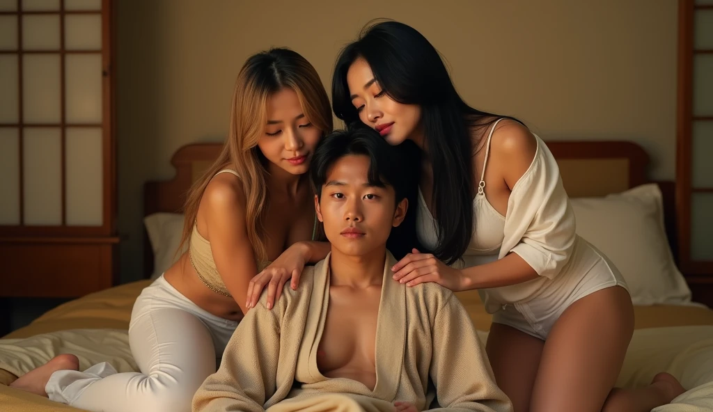 Half male, 1 person of Korean descent, 1 person of French descent, 1 person of Thai descent, 1 person of African descent, approximately -19 years olnot wearing clothes. Hungry, they took turns holding each other&#39;s large snakes. Some even stuck the snake&#39;s head in their mouths. Realistic images.