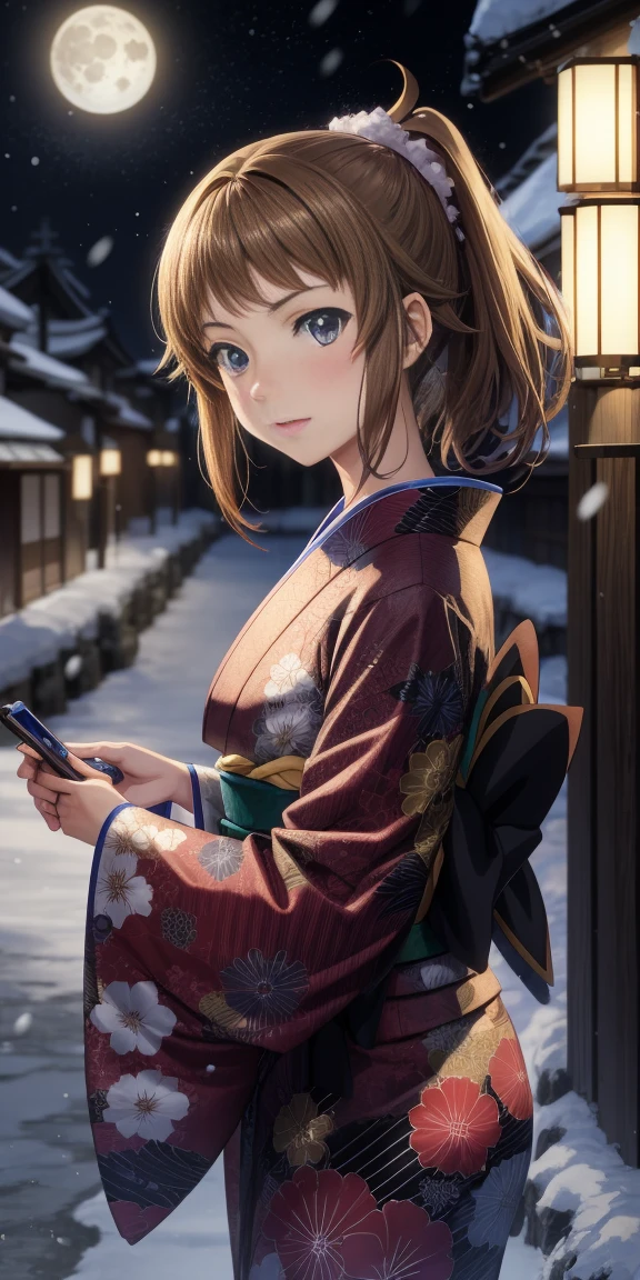 (((anime))), 1 girl, , kamimetsu, blush, Kyoto, snowfall, moon, kimono 