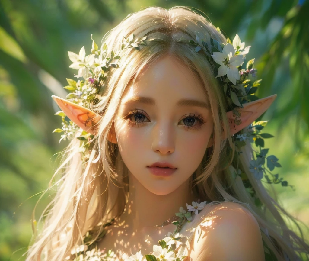 Masterpiece, one (plant elf), pale green body, pink white flowers and leaves, pink white skin, white teeth, dog ears, red lips, seductive, cute, --v 6