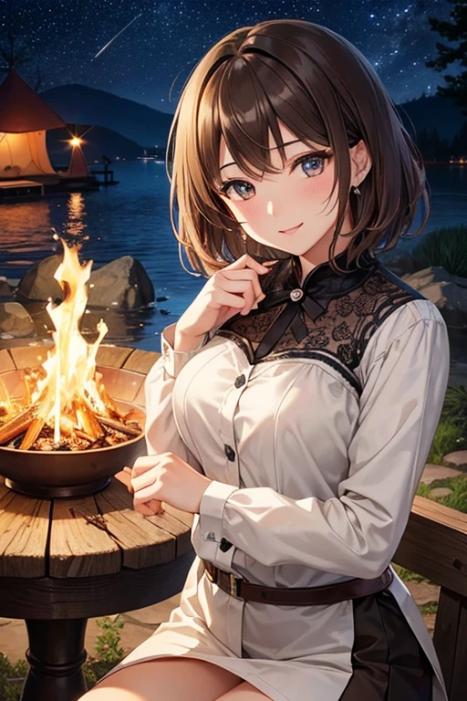 1 girl, short blue hair, dark eyes, tribal orange clothing, tent, realistic light, detailed eyes, detailed body, night, best quality, 4k, 8k, high quality, detailed face, sit, campfire