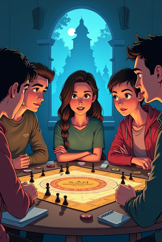 A group of four men and women engrossed in a thrilling and enjoyable board game session at the table. The scene unfolds like an epic cinematic masterpiece, captured in an ultra-wide shot, with the perfect coloring backgrounds enhancing the cozy atmosphere of the family room during the pleasant evening.

The hand-drawn illustration showcases the highly detailed features of the individuals, depicting their expressions of excitement and joy as they play the board game. The perfect composition highlights the harmony between the group, showing their bond and camaraderie during this fun-filled moment.

The optimization of colors palette creates a mesmerizing color-blasting effect, enhancing the warmth and comfort of the family room ambiance. The illuminated lighting captures the proportions, sharpness, and shades, adding a touch of magic to the overall atmosphere.

In this heartwarming setting, the laughter and camaraderie among the friends make the board game session truly memorable. The image is centered and perfectly focused, allowing you to admire every delightful detail of this captivating and enjoyable moment in stunning 4k resolution.

Keywords: group of friends, men and women, board game, enjoyable, thrilling, epic cinematic masterpiece, ultra-wide shot, perfect coloring backgrounds, hand-drawn illustration, highly detailed features, perfect composition, colors palette optimization, color-blasting effect, illuminated lighting, excitement, joy, bond, camaraderie, family room, cozy atmosphere, pleasant evening, heartwarming, laughter, memorable, centered, 4k resolution.