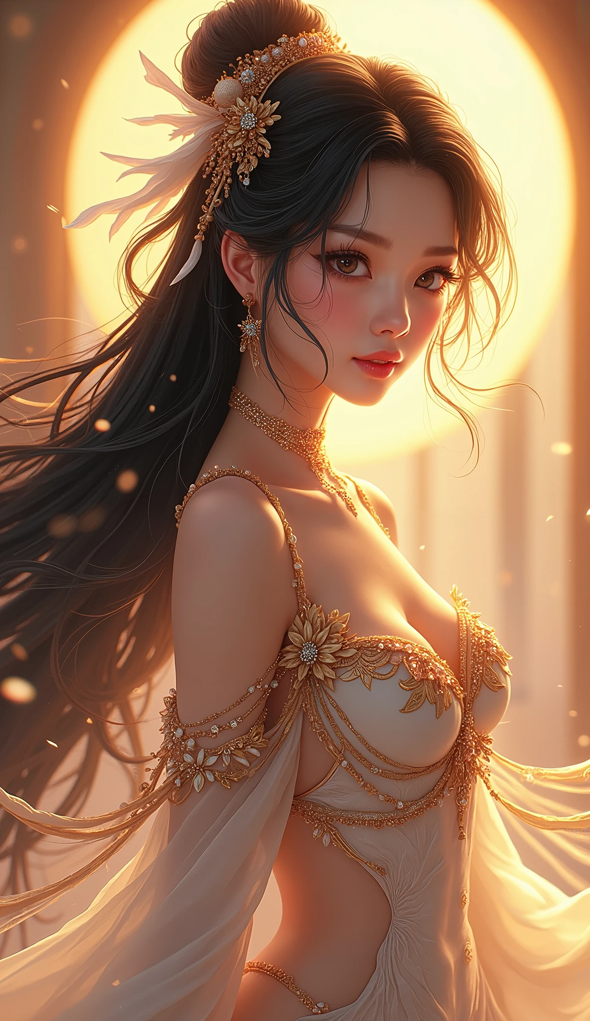 super detailed, realistic, vietnamese goddess, gorgeous detailed eyes, gorgeous detailed lips, shiny black hair, big and beautiful breasts, sparkling ornaments, mysterious aura, sublime beauty, elegant posture, divine light, powerful presence, Surrounding Heaven, bright colors, fairy-tale atmosphere, brilliance, calm expression, transcendent energy, supreme being, legendary figure, queen of heaven, spiritual empowerment, liberated god, Great Goddess, Divine Feminine, unparalleled elegance, Majestic presence, captivating gaze, magical atmosphere, peaceful tranquility, Inspiring brilliance, God's grace, majestic power, eternal silence, Magical amulet, Goddess of Heaven, enchanting beauty, sublime perfection, dreamy atmosphere, enchanting beauty, heavenly divinity